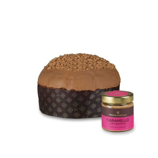 Panettone al cioccolato al latte e caramello con vasetto di crema di caramello salato , Fratelli Sicilia, 1 Kg Fratelli Sicilia