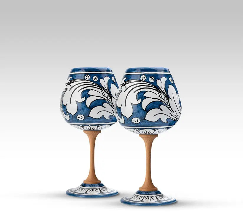 Ornate Goblet in Artistic Ceramics from Caltagirone, various colors Ceramica Food in Sicily Pair of Blue Goblets