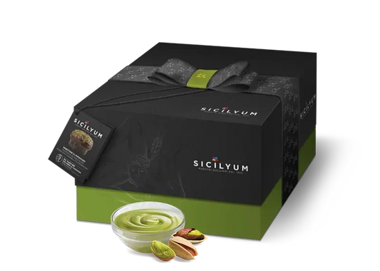 Panettone à la crème de pistache sicilienne et recouvert de chocolat noir, Sicilyum, 1 Kg Sicilyum