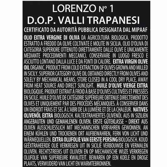 Confezione Regalo Olio Extravergine di Oliva Biologico- LINEA LORENZO N. 1 D.O.P. "Valli Trapanesi", 500 ml Premiati Oleifici Barbera
