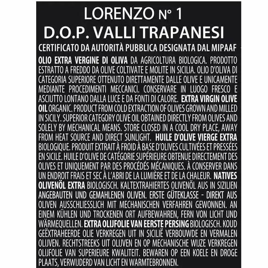 Pack de 6 Botellas de Aceite de Oliva Virgen Extra Ecológico - LÍNEA LORENZO N. 1 D.O.P. "Valli Trapanesi", 500 ml x 6 Premiado Oleifici Barbera