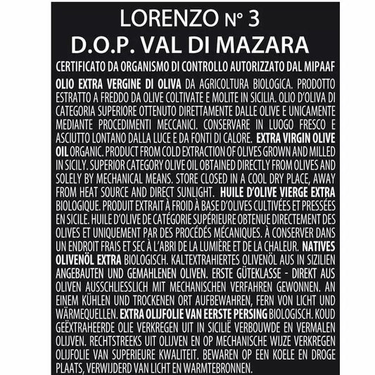 Bio-Olivenöl Extra Vergine LORENZO LINIE N. 3 D.O.P. „Val di Mazara“, 500 ml, mit Oleifici Barbera ausgezeichnet