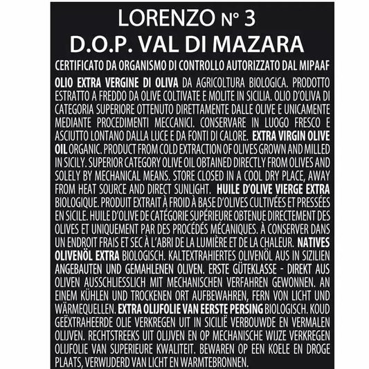 Aceite de Oliva Virgen Extra Ecológico LÍNEA LORENZO N. 3 D.O.P. "Val di Mazara", 500 ml Premiado Oleifici Barbera