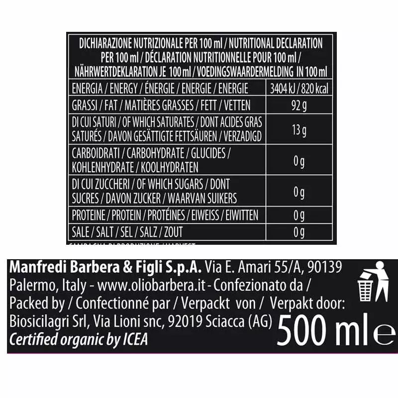Confezione 6 Bottiblie Olio Extravergine di Oliva Biologico LINEA LORENZO N. 3 D.O.P. "Val di Mazara" , 500 ml x 6 Premiati Oleifici Barbera
