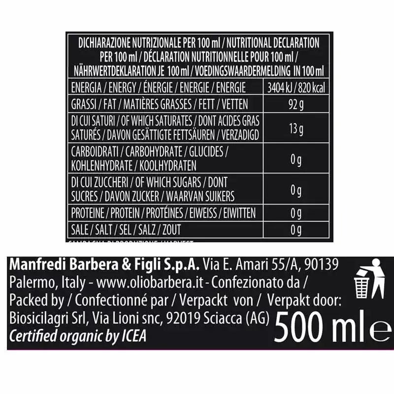 Organic Extra Virgin Olive Oil LORENZO LINE N. 3 D.O.P. "Val di Mazara", 500 ml Awarded Oleifici Barbera
