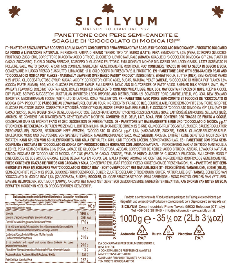 Panettone with Modica PGI Chocolate and semi-candied pears, Sicilyum, 1 Kg Sicilyum