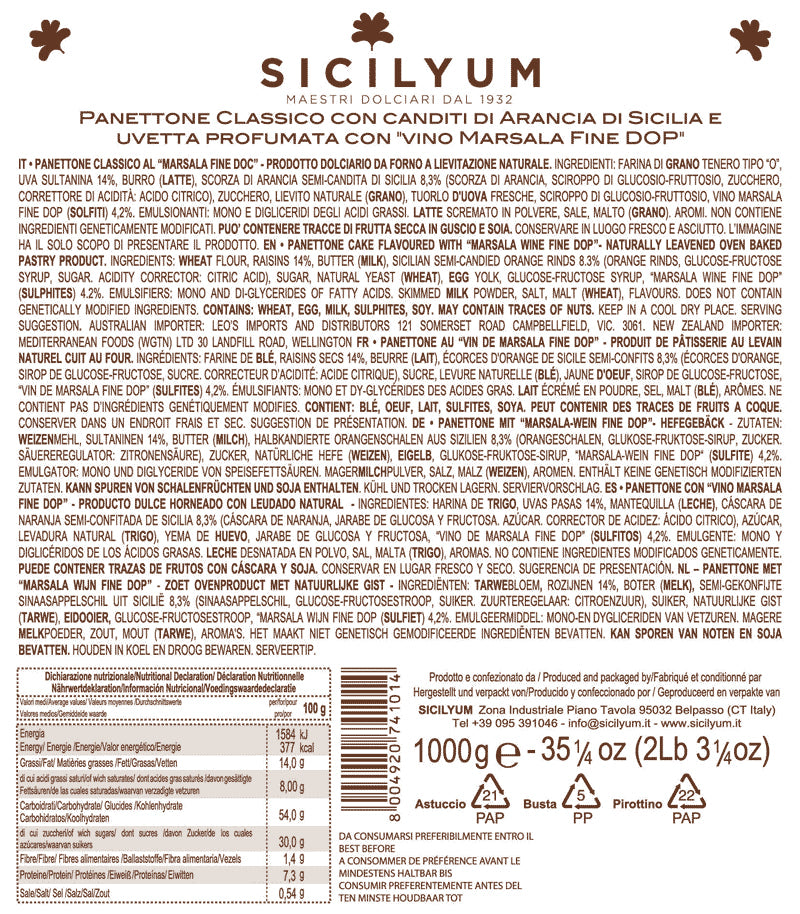 Panettone clásico con pasas aromatizado con “Vino Marsala Fine DOC”, Sicilyum, 1 Kg Sicilyum