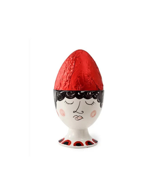 „Pasqualina“, Osterei aus Milchschokolade auf handbemalter Caltagirone-Keramikvase, zwei Sabadì-Gewichte