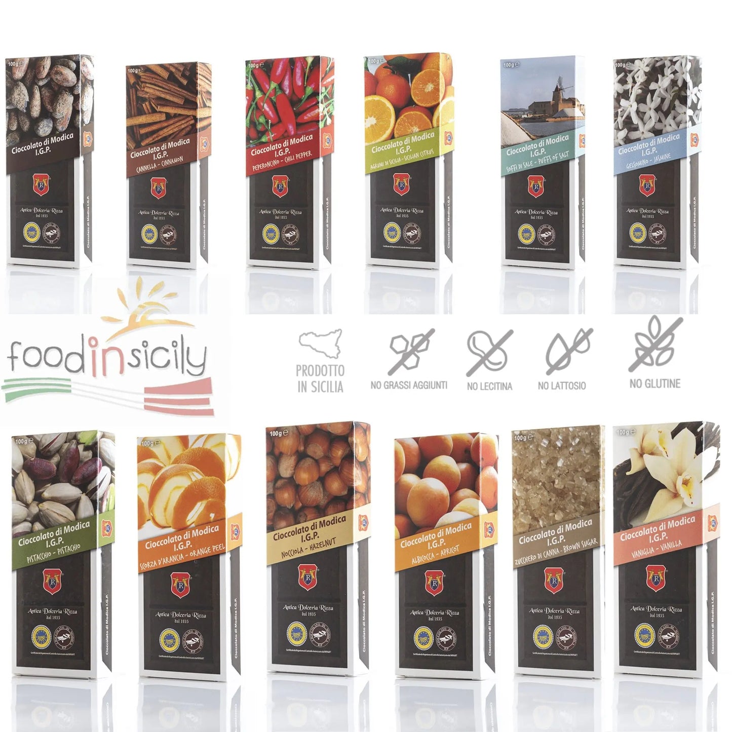 Box 12 x Cioccolato di Modica IGP, gusti vari, 100 gr Cioccolato di Modica Antica Dolceria Rizza