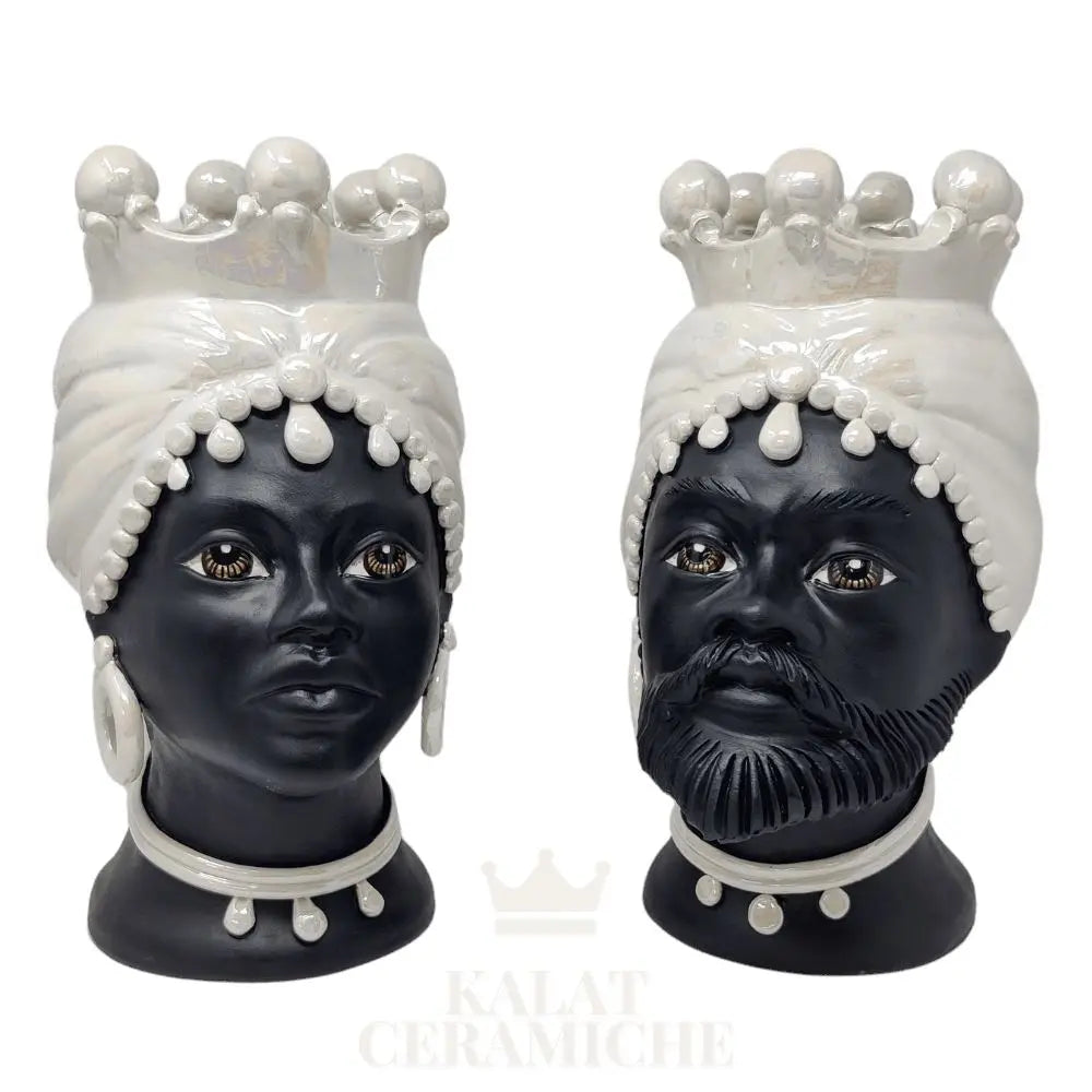 Coppia Testa di Moro in madreperla, Ceramica artistica di Caltagirone, h 35 cm Ceramica Food in Sicily