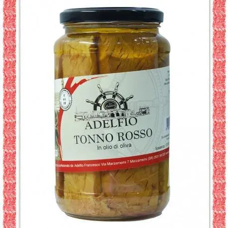 Tonno Rosso pinne gialle in olio d'oliva. Contorni Adelfio - Marzamemi