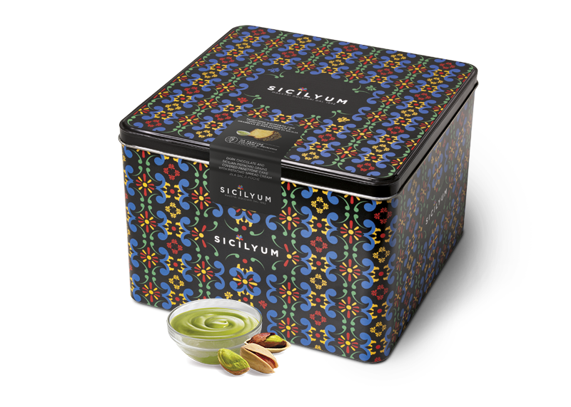 Panettone con crema al Pistacchio di Sicilia e ricoperto di Cioccolato fondente , Sicilyum, 1 Kg Sicilyum