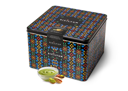 Panettone con crema al Pistacchio di Sicilia e ricoperto di Cioccolato fondente , Sicilyum, 1 Kg Sicilyum