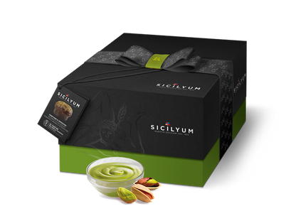 Panettone con crema al Pistacchio di Sicilia e ricoperto di Cioccolato fondente , Sicilyum, 1 Kg Sicilyum