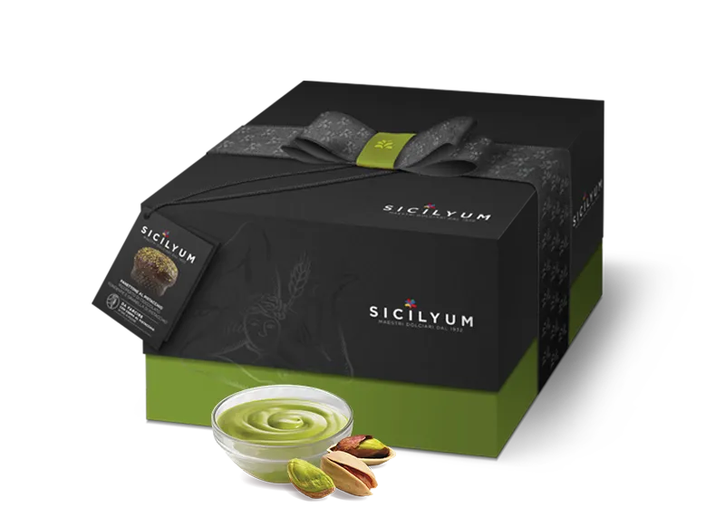Panettone con crema al Pistacchio di Sicilia e ricoperto di Cioccolato fondente , Sicilyum, 1 Kg Sicilyum