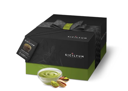 Panettone con crema al Pistacchio di Sicilia e ricoperto di Cioccolato fondente , Sicilyum, 1 Kg Sicilyum