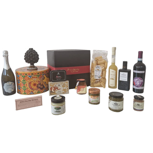 Confezione Natalizia "Sicilia" con 15 prodotti tipici siciliani di alta qualità Confezione regalo natalizia Food in Sicily Castagne glassate e gianduia, 1 kg 