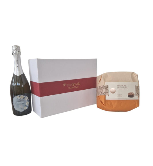 Confezione regalo natalizia con Panettone Fiasconaro e Spumante Extradry "Accussì" 50 Cl, Feudo Arancio Confezione regalo natalizia Food in Sicily Panettone 750 gr al Cioccolato 