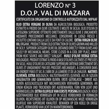 Confezione 6 Bottiblie Olio Extravergine di Oliva Biologico LINEA LORENZO N. 3 D.O.P. "Val di Mazara" , 500 ml x 6