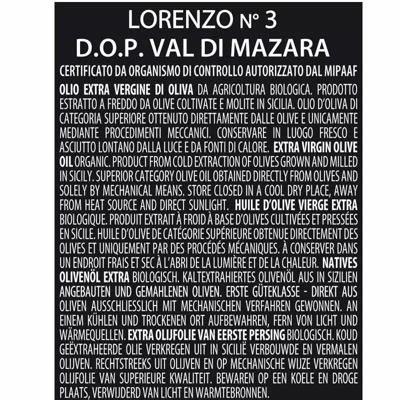 Confezione Regalo Olio Extravergine di Oliva Biologico LINEA LORENZO N. 3 D.O.P. "Val di Mazara" , 500 ml