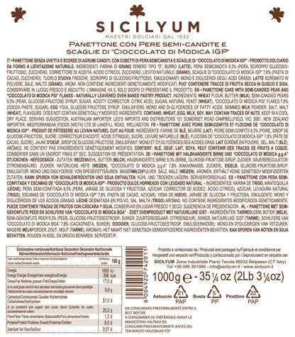 Panettone al Cioccolato di Modica IGP” e pere semicandite  , Sicilyum, 1 Kg Sicilyum