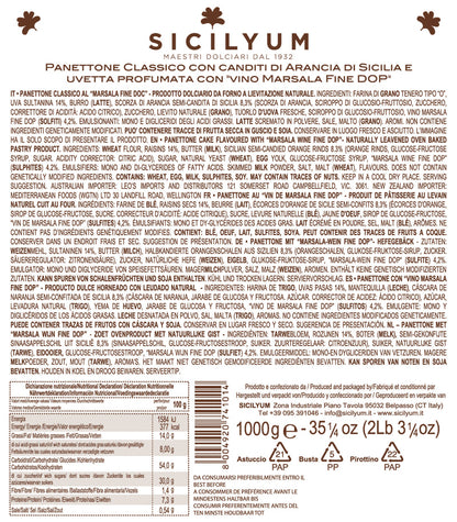 Panettone Classico con  uvetta sultanina aromatizzata con “Vino Marsala Fine DOC” , Sicilyum, 1 Kg Sicilyum