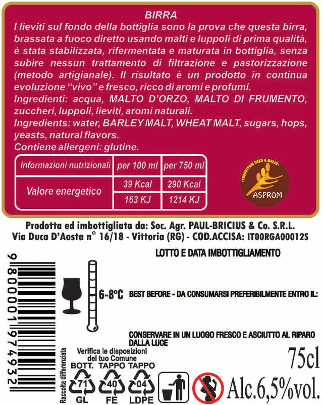 Paul Bricius Red Strong Ale 7% vol due formati, 33 Cl e 75 Cl Paul Bricius