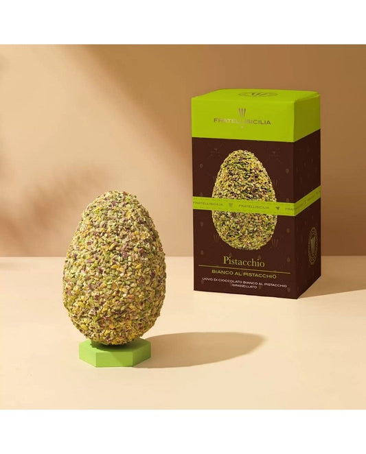 White chocolate egg covered with pistachios grains, sicily brothers, 400g