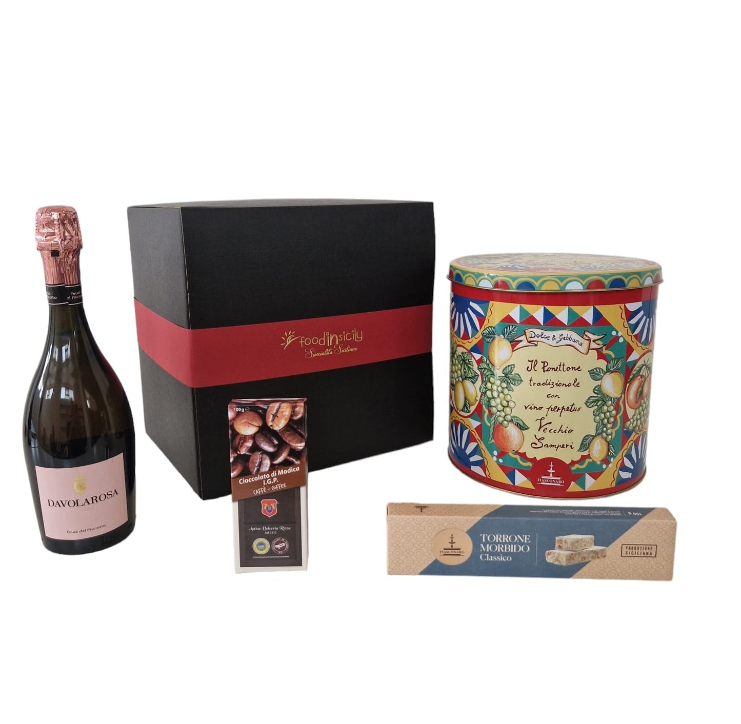Confezione regalo "Dolce&Gabbana", con 4 prodotti di alta qualità e in 5 varianti Confezione regalo natalizia Fiasconaro Panettone Fiasconaro D&G Vino Perpetuo Vecchio Samperi 1 Kg 