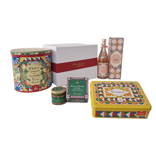 Confezione regalo "Dolce&Gabbana", con 4 prodotti a marchio Dolce&Gabbana in 7 varianti Confezione regalo natalizia Fiasconaro Panettone Fiasconaro D&G Vino Perpetuo Vecchio Samperi 1 Kg 