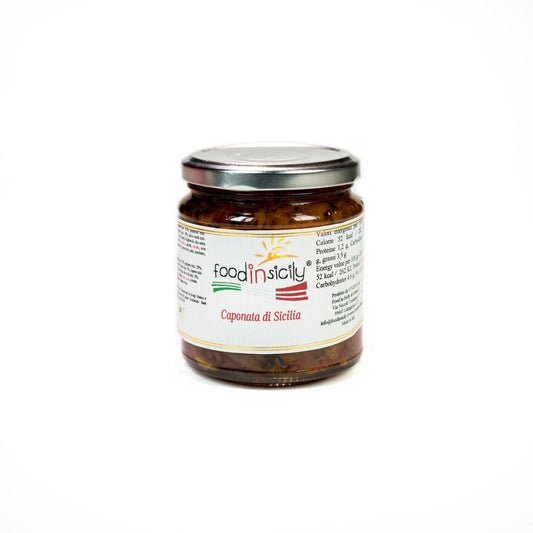 Caponata siciliana, 290 gr con melanzane, peperoni e olive verdi Condimenti Food in Sicily 