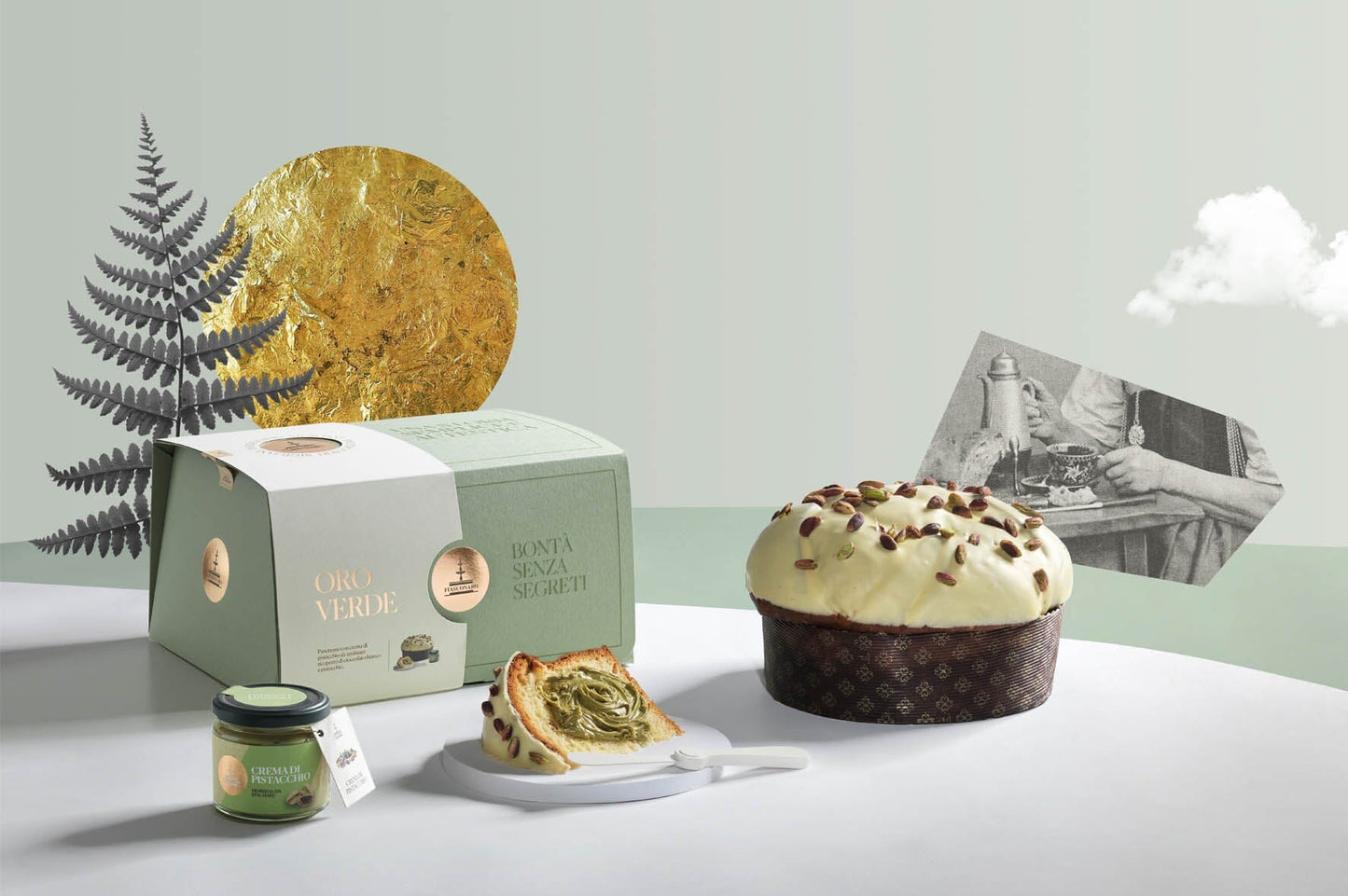 Confezione Natalizia "Borboni" con 10 prodotti tipici siciliani, idea regalo Natale 2023 Confezione regalo natalizia Food in Sicily Panettone Oro verde con glassa al cioccolato bianco, pistacchi interi e vasetto di crema al pistacchio 