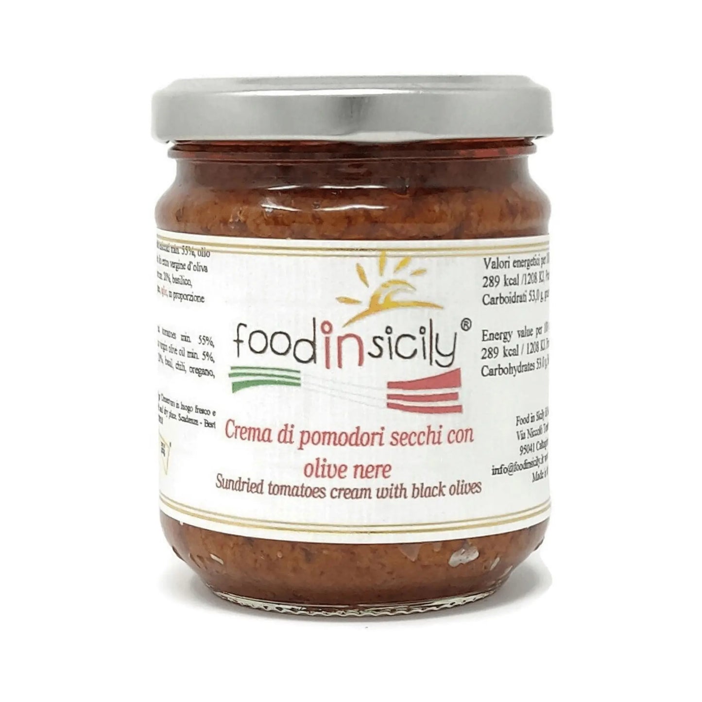 Creme aus getrockneten Tomaten und schwarzen Oliven, 190-Gramm-Glas. Essen in Sizilien 